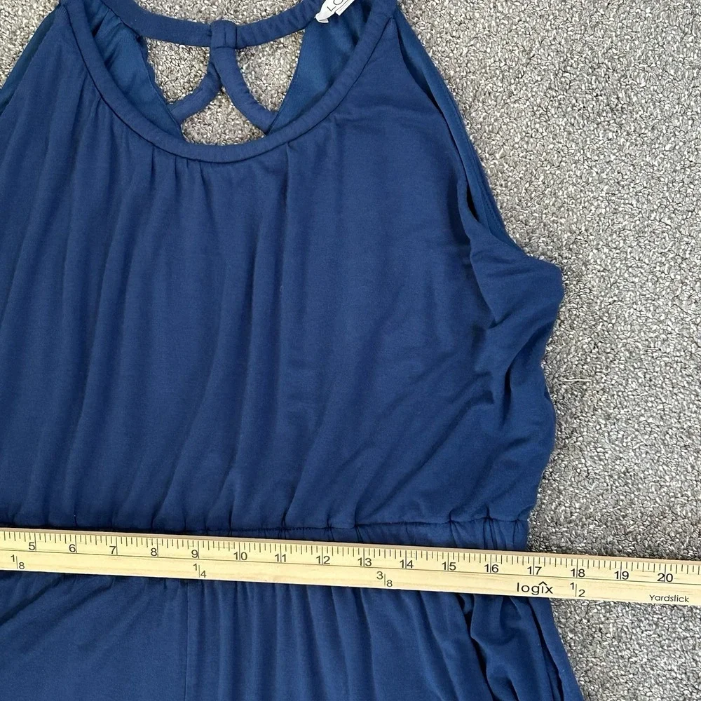 LOFT Blue Wide Leg Jumpsuit Women's LARGE Elastic Waist Pockets Strappy Back - Picture 10 of 11